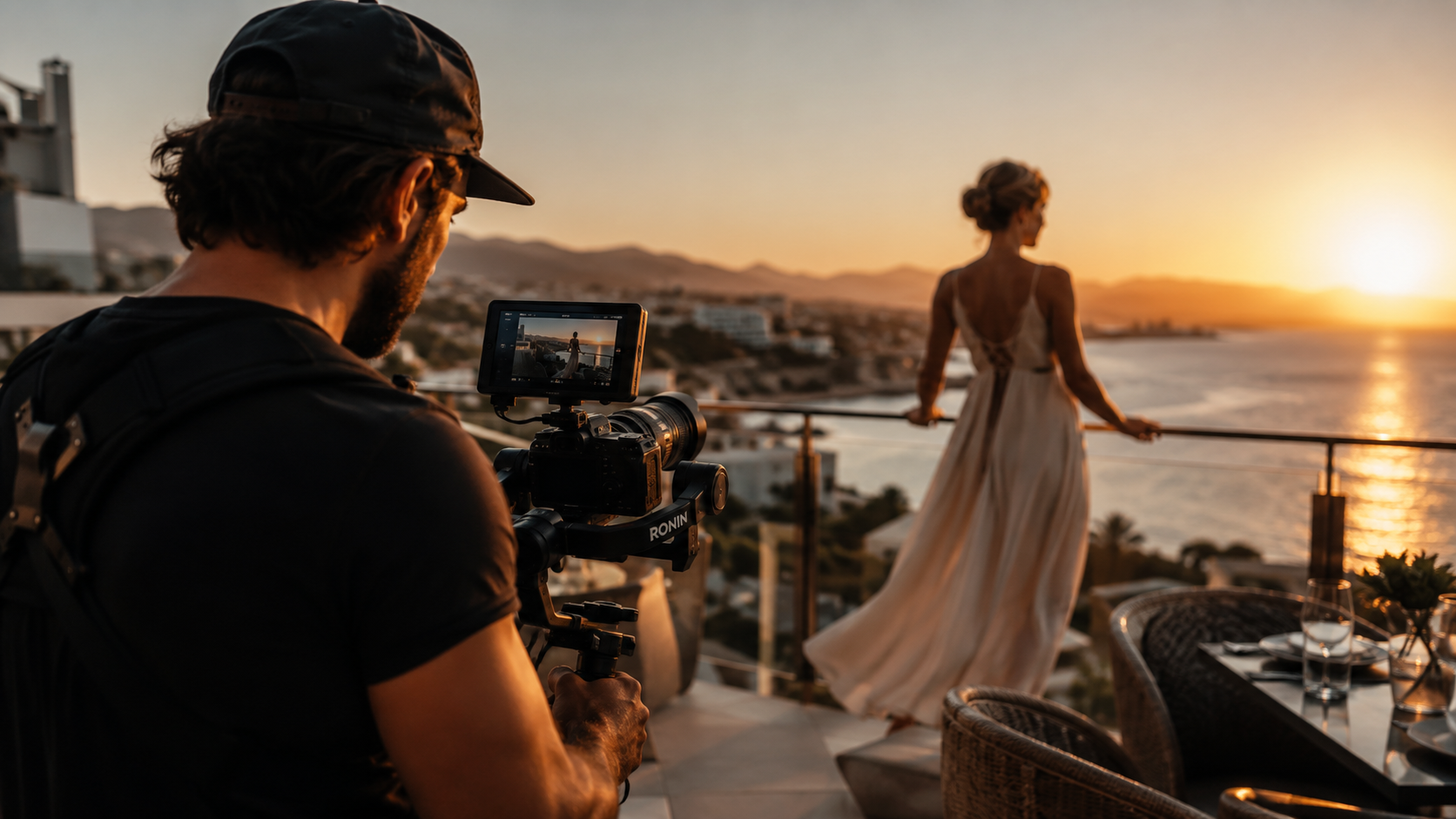 Professional video production at sunset